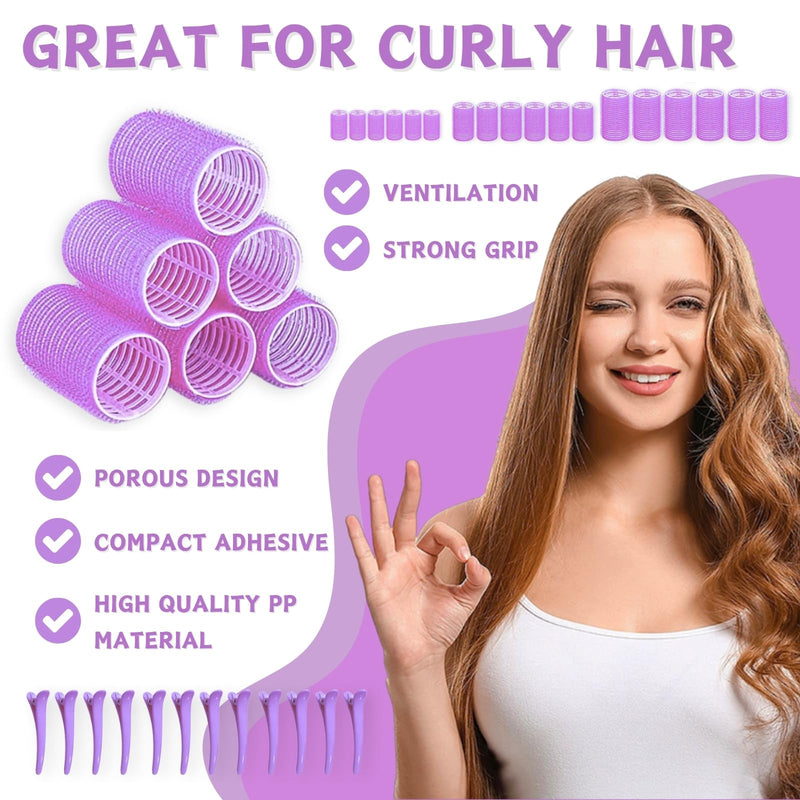 KEYRI 48PCS Hair Rollers Set Hair Rollers with Clips Self Grip Jumbo Hair Roller No Heat Heatless Hairs Rollers for Long Medium Short Hair Styling Hairs Salon Hairdressing Curlers (Purple, 3 Size) Purple 1 count (Pack of 48)