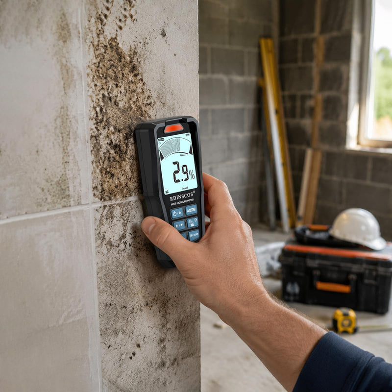 Pinless Moisture Meter for Drywall & Concrete, Black | Digital Drywall Moisture Tester, 3-Color Indicator Light, Audible Alarm & HOLD Function,Rechargeable USB