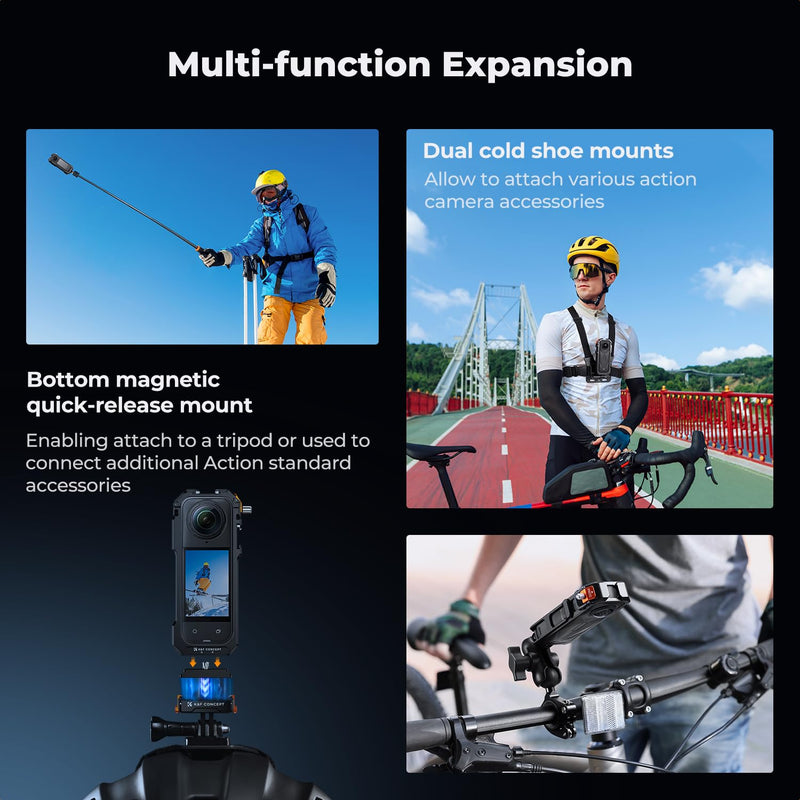 K&F CONCEPT Camera Cage with Silicone Lens Cover for Insta360 X5 | Aluminum Alloy Protective Case Frame with 2 Cold Shoe Mounts for Microphone and Led Video Light Built-in 1/4" Screw Hole CI01 Cage+Quick Mount