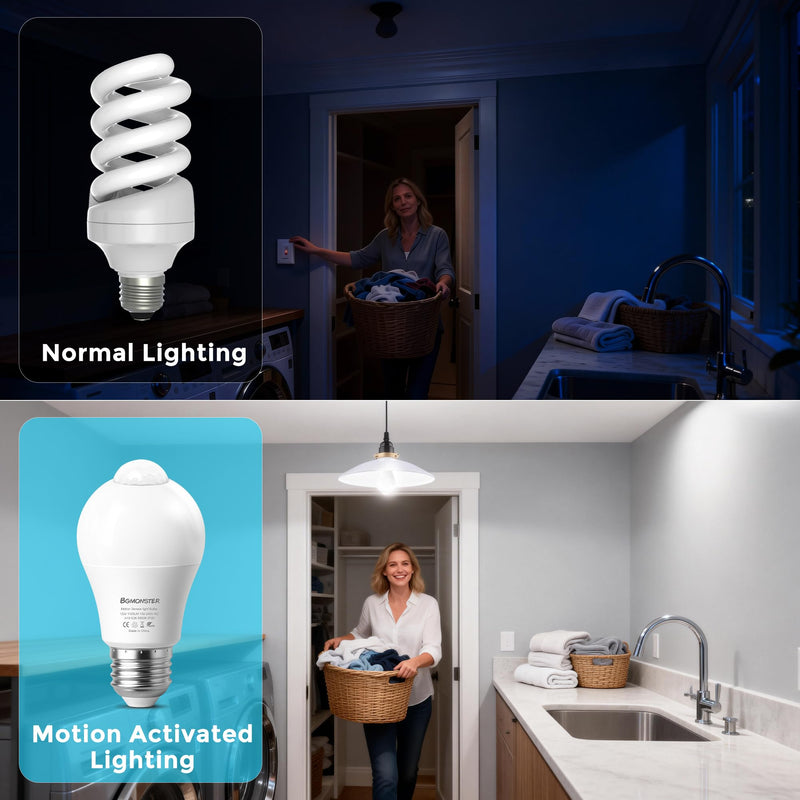 6 Pack Motion Sensor Light Bulbs, 12W(100W Equivalent) Motion Detector Light Bulb, Dusk to Dawn E26 Led Emergency Lightbulbs Indoor Outdoor for Hallway Porch Garage