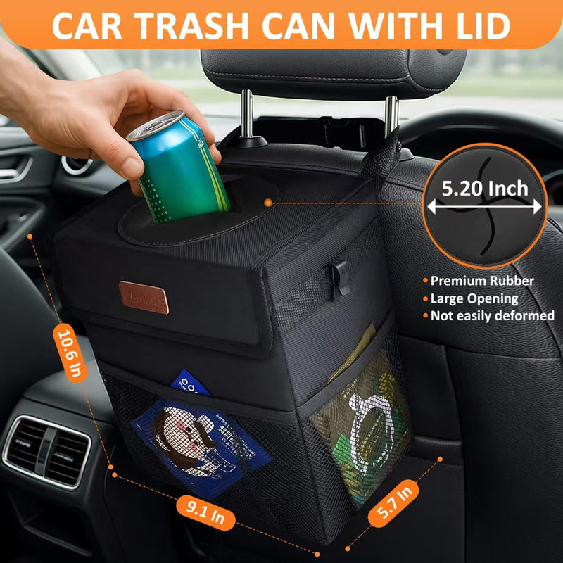 Car Trash Can Bin with Lid Hanging for Back Seat, Car Accessories for Women Men Leak Proof Automotive Garbage Cans Leakproof Vehicle Trash Can for Truck SUV Black 2.2 Gallons
