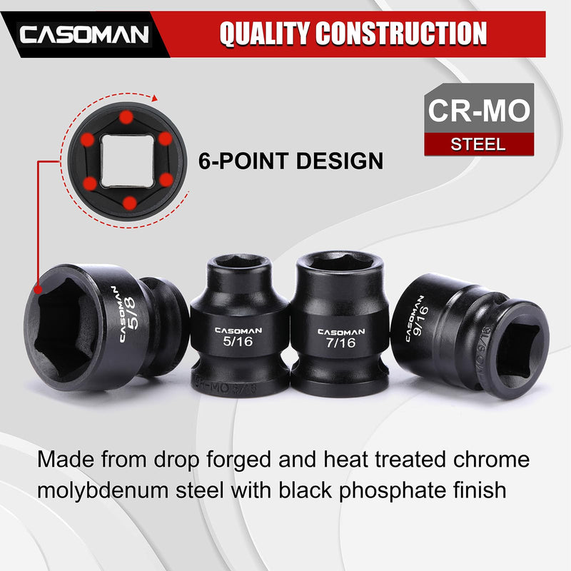 CASOMAN 12PCS 3/8" Drive Stubby Impact Socket Set, Low Profile, 5/16" - 1", SAE, CR-MO, 6-Point, 12 Pieces Shallow Socket Set for Automotive Maintenance, Repairs and DIY, for Tight Areas 3/8"Dr. 12-Piece (5/16" - 1")