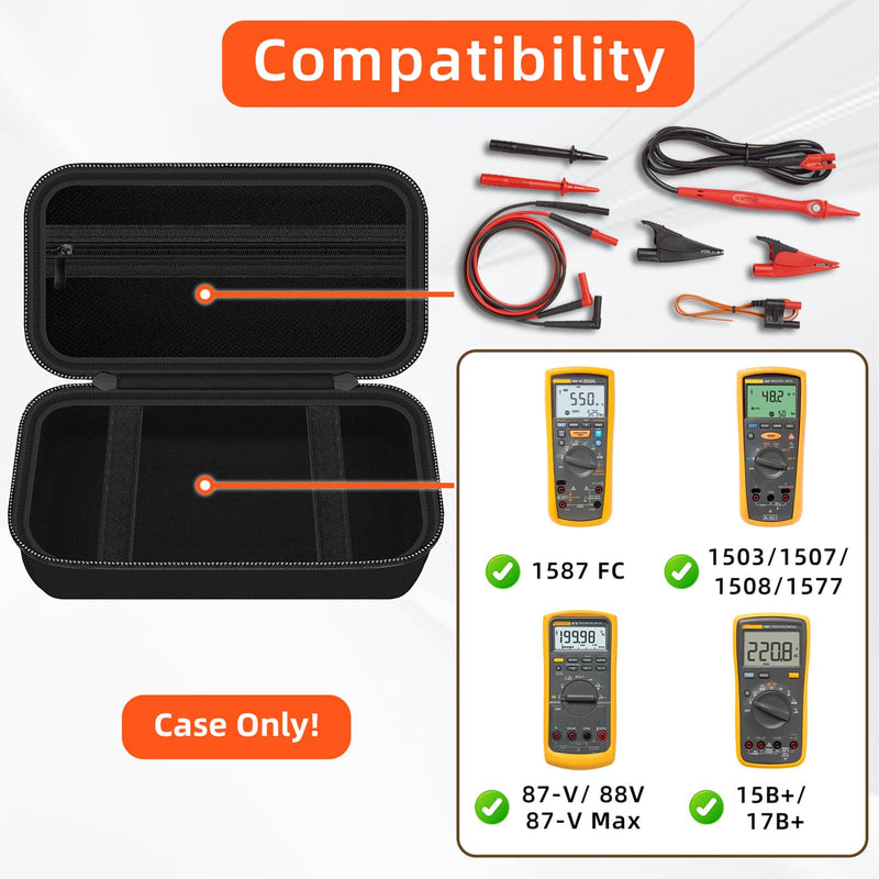 Carrying Case for Fluke1587 FC/ 87-V/ 87V Max/ 88V/ 15B+/ 17B+/ 1503/1507/1508/1577/3000 FC Multimeter Testers and Accessories, Multimeter Storage Bag Organizer Box (Case Only) Black