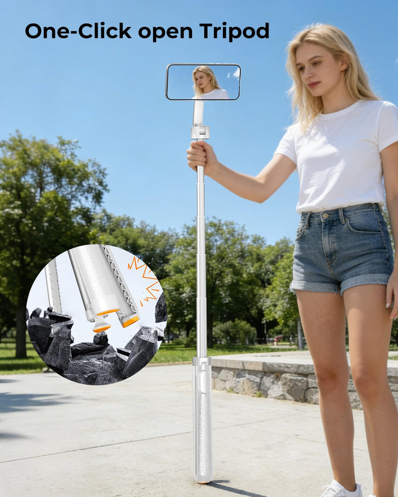 72'' Magnetic Selfie Stick Tripod for iPhone MagSafe – One-Click Open Stable Stand, Strong Magnetic Mount, 360° Rotation, Extendable Aluminum Tripod with Bluetooth Remote for Travel & Video Recording White