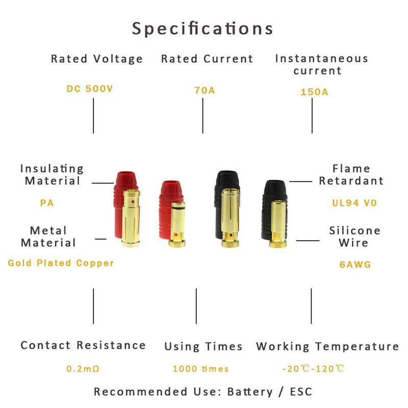 SoloGood 6pairs Amass AS150 Male Female Anti Spark Connector Gold Plated Banana Plug Set for Battery ESC and Charge Lead 6 Pairs AS150