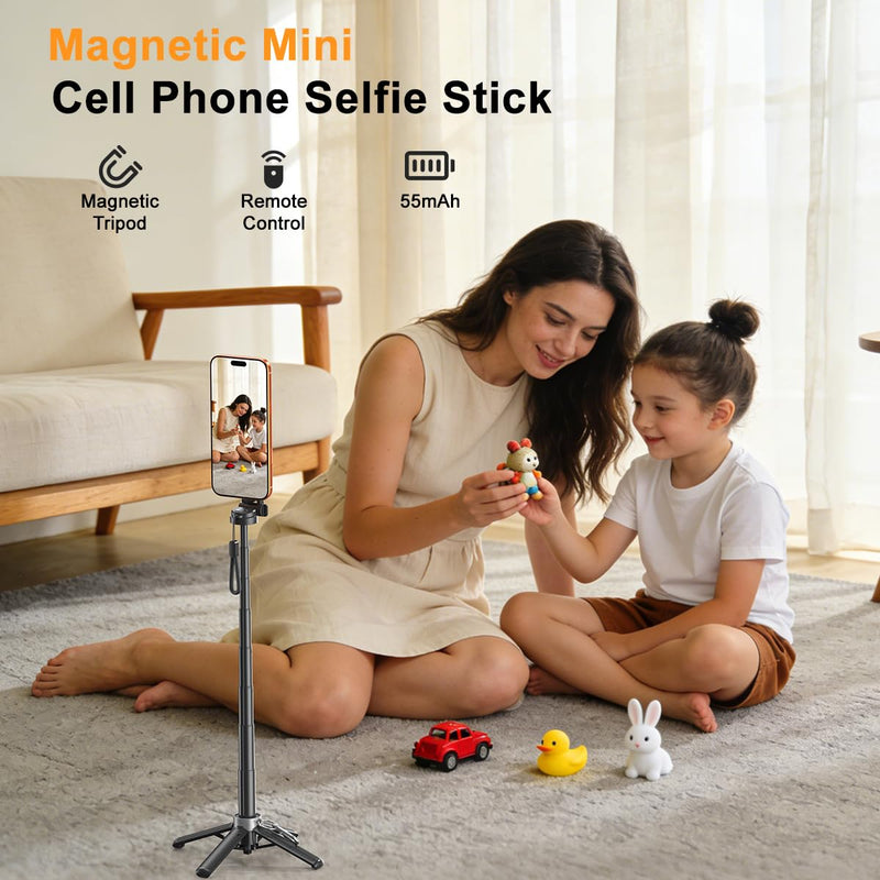 Upgrated 5-in-1 Magnetic Selfie Stick with Remote for Cell Phone 360° Rotation.Can Transforms into Mini Tripod/Camera Grip/Handheld Stabilizer/Phone Stand.Extend to 25 inches Black