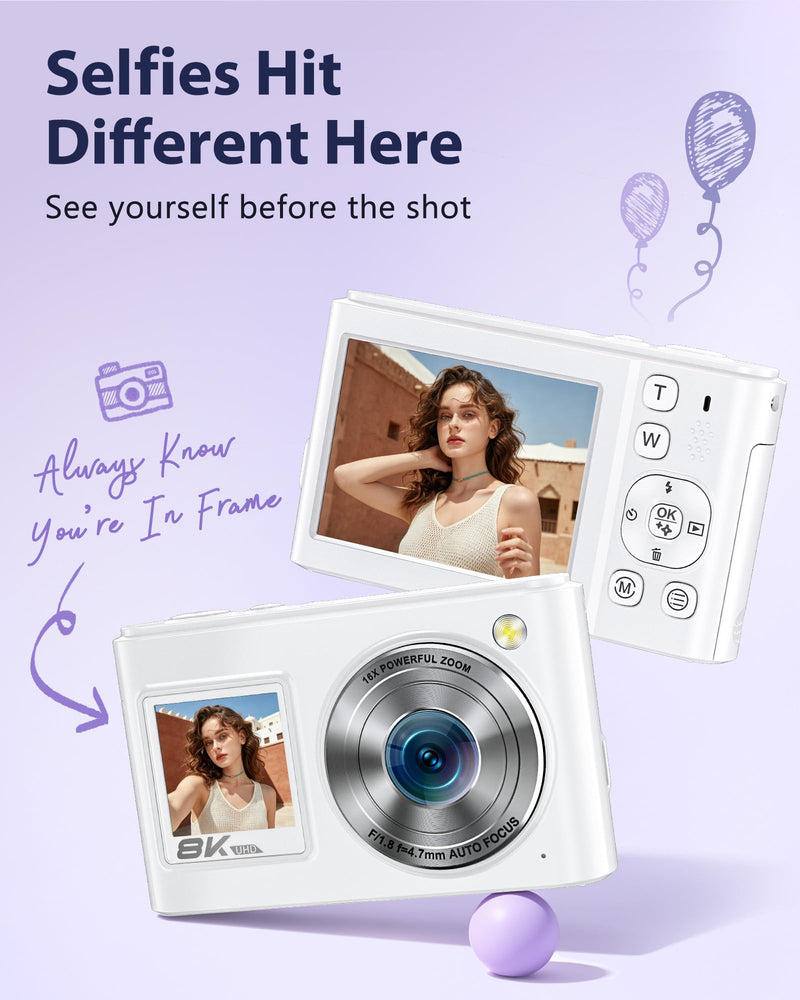 8K Digital Camera, 96MP WiFi Camera for Photography with Dual Screen(White) | Autofocus, Anti-Shake, 16X Zoom, Vlogging Point Shoot Camera for Teens, Beginners, Travel, 2 Batteries, 32GB Card White