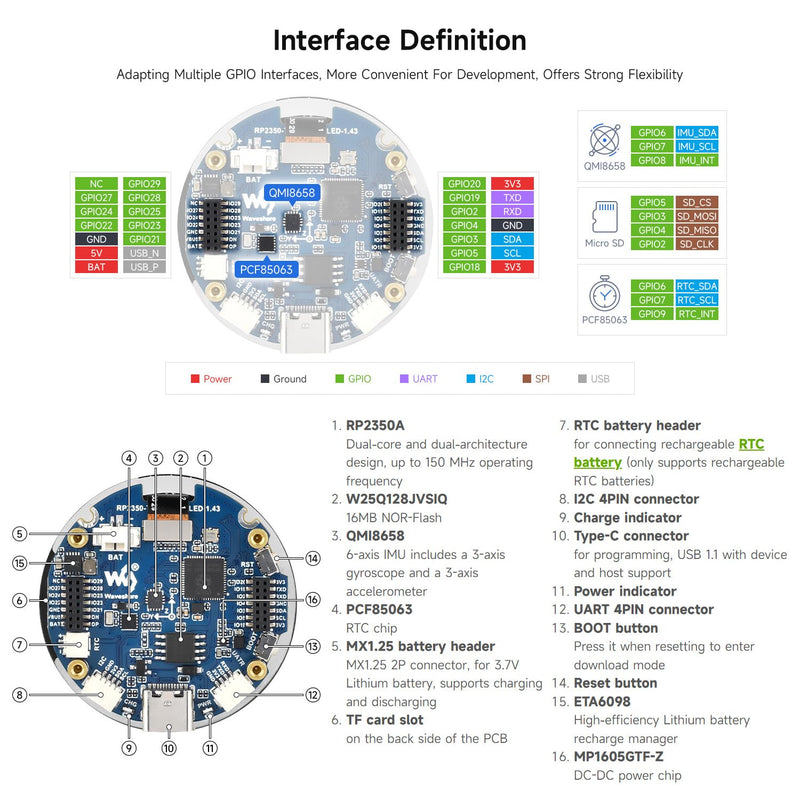 Waveshare RP2350 1.43inch AMOLED Display Development Board, 466×466, SPI Interface Round Display, Onboard Accelerometer and Gyroscope Sensor, RTC Chip