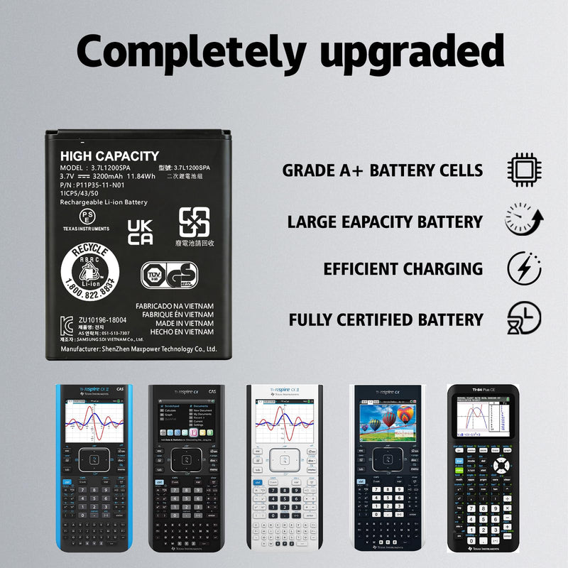 1-Pack TI-84 Plus CE Battery+Charger for Texas Instruments,𝗨𝗽𝗴𝗿𝗮𝗱𝗲𝗱 High Capacity 0 Cycle,P11P35-11-N01 Battery,Part No 3.7L1200SPB 3.7V TI-Nspire CX II TI-Nspire CX II CAS