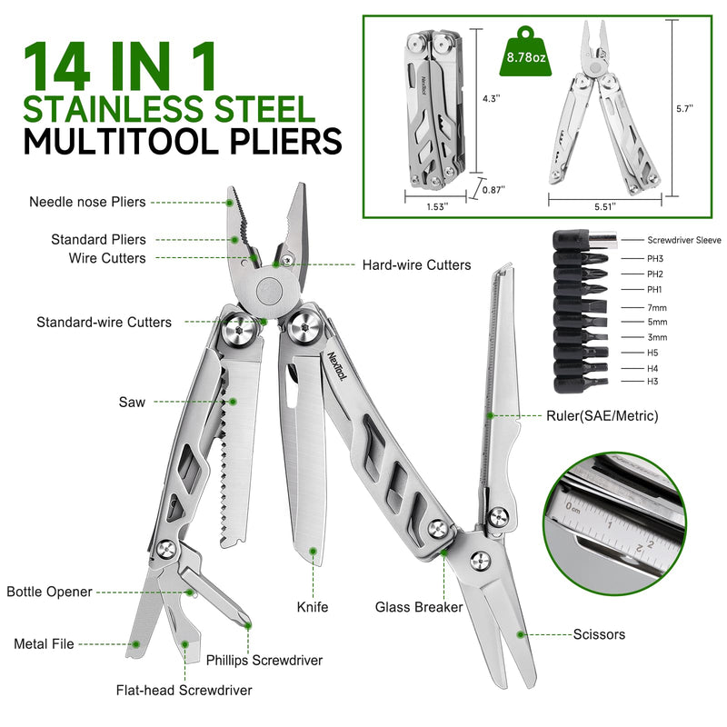 NexTool 14-in-1 Multi-Tool, Stainless Steel Multitool Pliers with 80Cr14Mov Pocket Knife, 2 Safety Locks and Huge Scissors, EDC Multitool Utility Tool for Camping Outdoor Activities (Flagship Max) Full Size Flagship Max