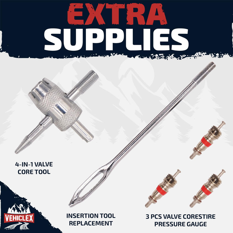 Vehiclex Tire Repair Kit for Plug and Patch with Aluminum Handled Tools - Emergency Kit in Zippered Bag for Car, Motorcycle, ATV, Tractor, Lawn Mower Compact Metal kit