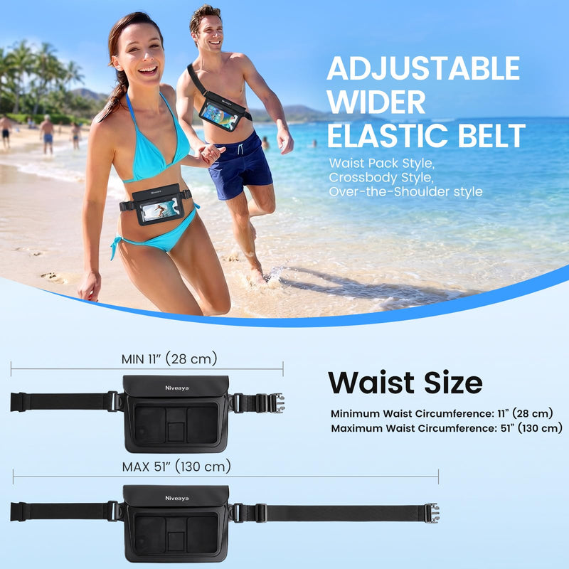 Niveaya Double Space Waterproof Fanny Pack, IPX8 Waterproof Dry Bag Waist Pouch for Beach, Kayaking, Swimming, Boat Travel Essentials, Waterproof Phone Bag & Passport Holder for Women Men(2 Pack) Black+Blue