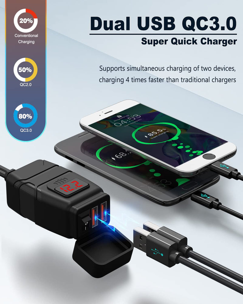 EXTRACTME Motorcycle USB Charger, 6.8A Quick Charge 3.0 Dual USB Motorcycle Phone Charger with Voltmeter & ON/Off Switch, Waterproof Quick Disconnect SAE to USB Adapter for Phone, Tablet, GPS Red Voltmeter Motorcycle Phone Charger