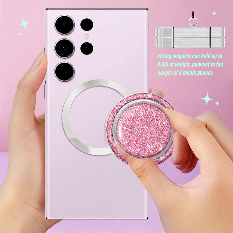 Magnetic Glitter Phone Holder Compatible with Phones, Foldable Phone Grip Stand for Magsafe Smartphones, Tablet,Phone Case - Transparent Pink Sparkly