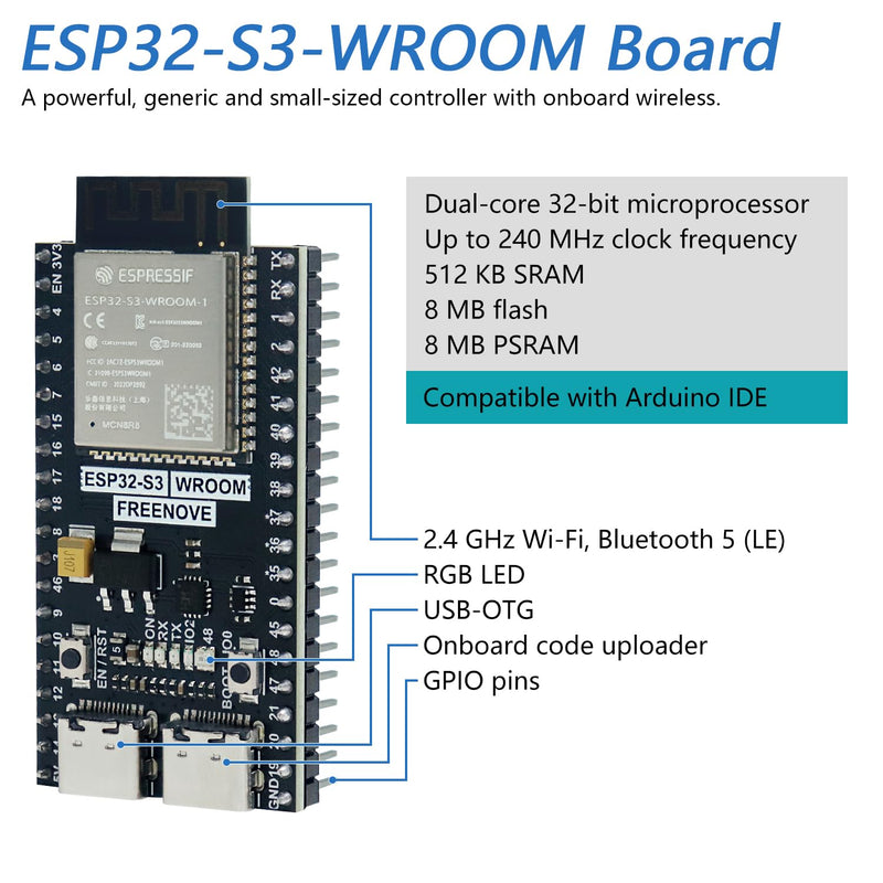 Freenove ESP32-S3 ESP32 S3 Board Lite (2 Pack), Dual-core 32-bit 240 MHz Microcontroller, Onboard Wireless, Python C Code, Example Projects Tutorial 8 MB Flash 2 Pack
