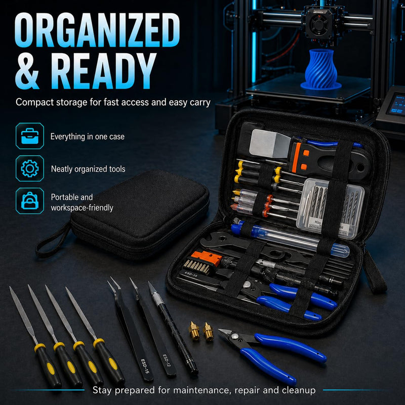 3D Printer Tool Kit Accessories - 58 Pcs Solve 99% Print Failures Clean Maint - with Scraper Brush Pliers Needles Cutter Pouch - for Unclog Nozzle Support Removal Model Finish - for All FDM Printers