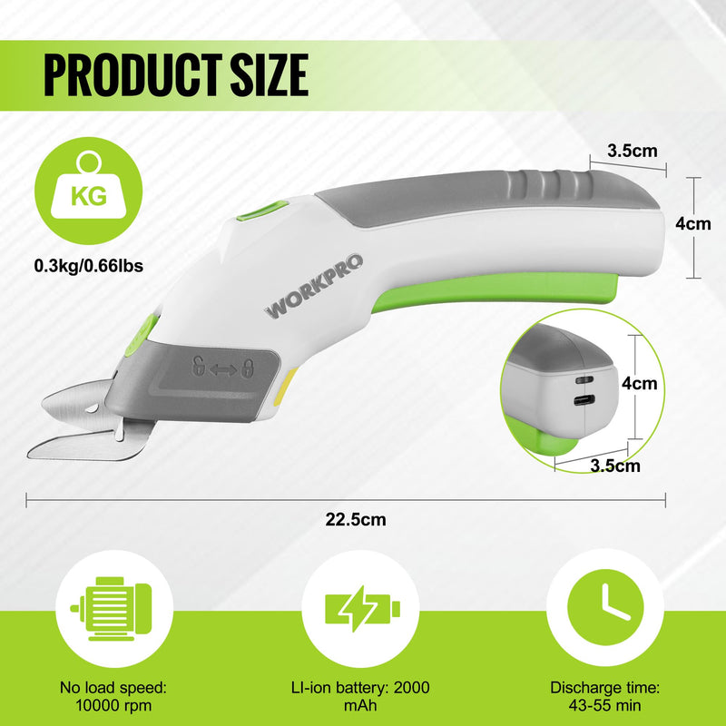 WORKPRO Cordless Electric Scissors with 2 Blades, 4V Rechargeable Powerful Shears Cutting Tool for Fabric, Leather, Carpet and Cardboard, Power Shears for Sewing, Scrapbooking, Crafting