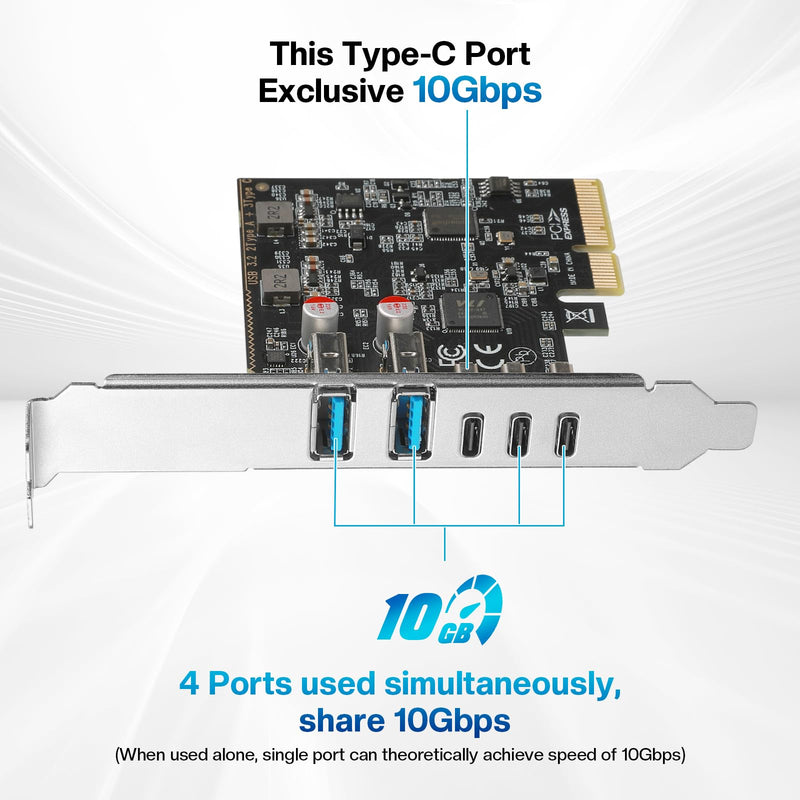 PCIe to USB C/A 3.2/3.1 Gen 2 Expansion Card, USB-C PCIe Card for PC Internal Hub, PCI-E Add-On Adapter Host Controller, 5 Ports (3X Type C - 2X Type A) 10+10Gbps PCIe-USB-CA