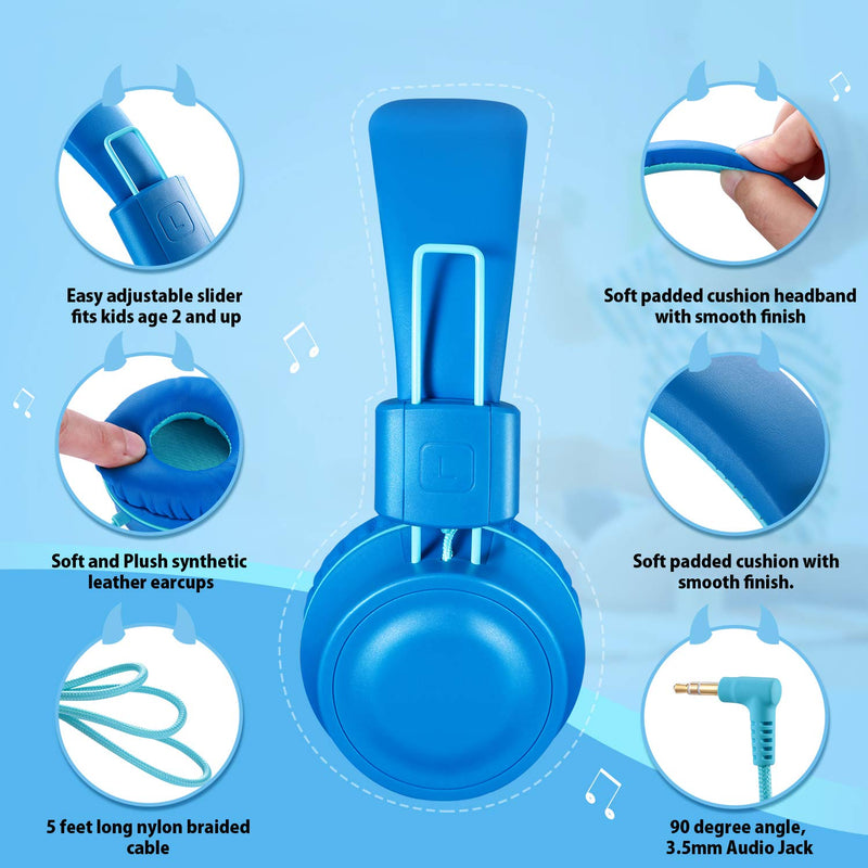 iRAG J01 Kids Headphones Foldable Stereo Tangle-Free 5ft Long Cord 3.5mm Jack Plug in Wired On-Ear Headset for iPad/Amazon Kindle Fire/Toddler/Boys/Girls/School/Laptop/Tablet(Ocean Blue) Ocean Blue