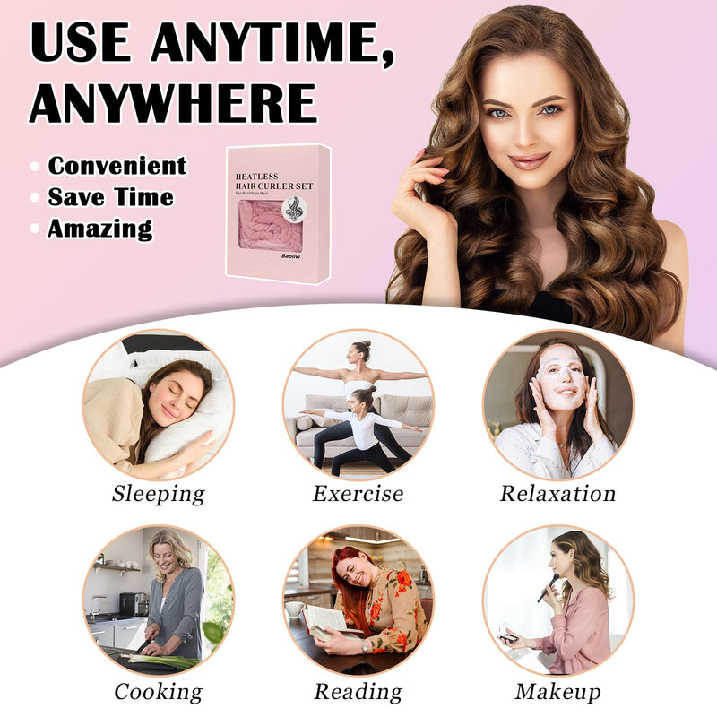 Heatless Curlers Headband Hair Curlers No Heat, Heatless Curls Hair Curler Rollers for Women, 70" Soft Overnight Curls Headband for Sleeping, 9 Pcs Heatless Curling Gift Set Pink