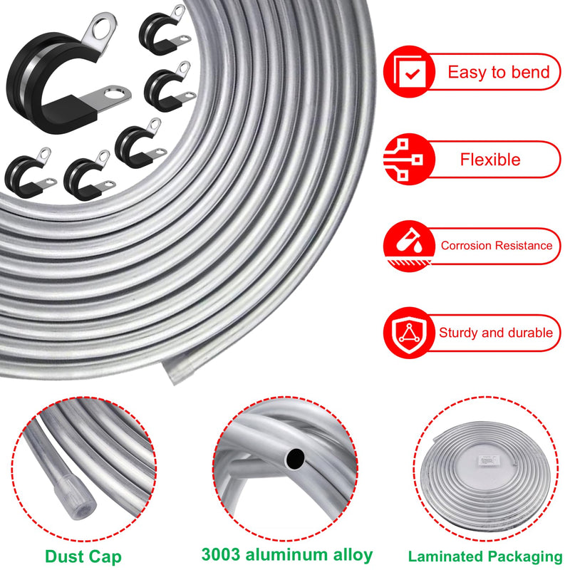 3/8" OD Fuel Line, 25FT Transmission Line, 3003 Grade Aluminium Tubing with 6 Clamps/Holders for Brake Line, Metal Gas Line, Refrigeration Equipment 3/8"OD-25FT