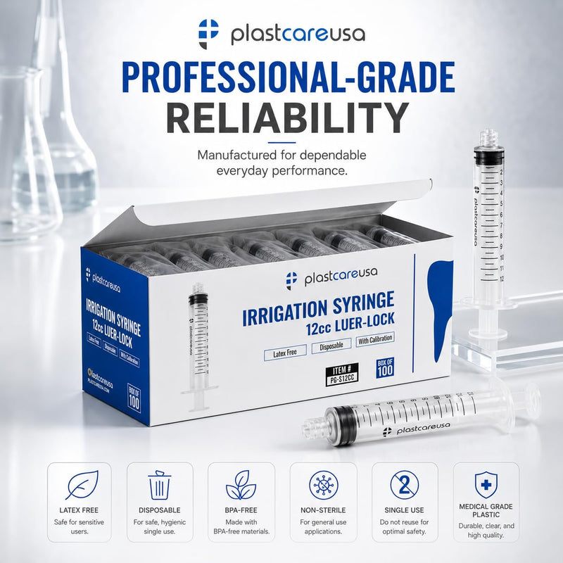 100 12ml Luer Lock Syringe without Needle, Disposable Luer Slip Tip Syringes - Non-Sterile, Latex-Free Plastic Dispenser by PlastCare USA 100.0