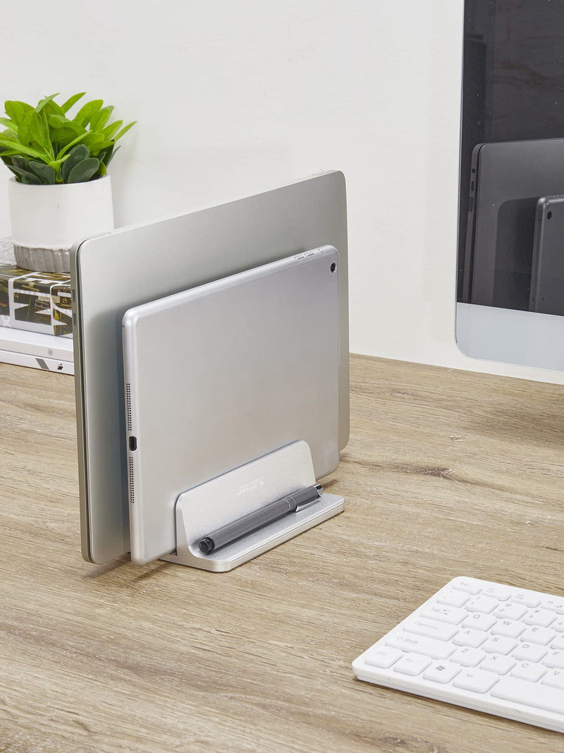 JARLINK Vertical Laptop Stand Holder, Aluminum Double Desktop Stand Holder with Adjustable Dock (Up to 17.3 inch), Compatible with MacBook, Surface, Chromebook, and Gaming Laptops, Silver 2-slot