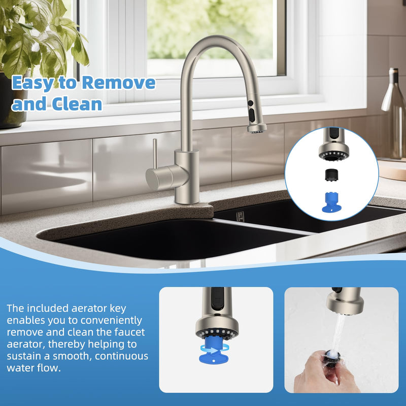 Hibbent Stainless Steels Pull Down Faucet Head Replacement, NSF/ANSI/CAN 61 & CUPC Certified 3 Function Kitchen Sink Sprayer Head, 15 Adapters, Compatible with Moen, Kohler Faucets, Brushed Nickel Stainless Steel with 15 Adapters