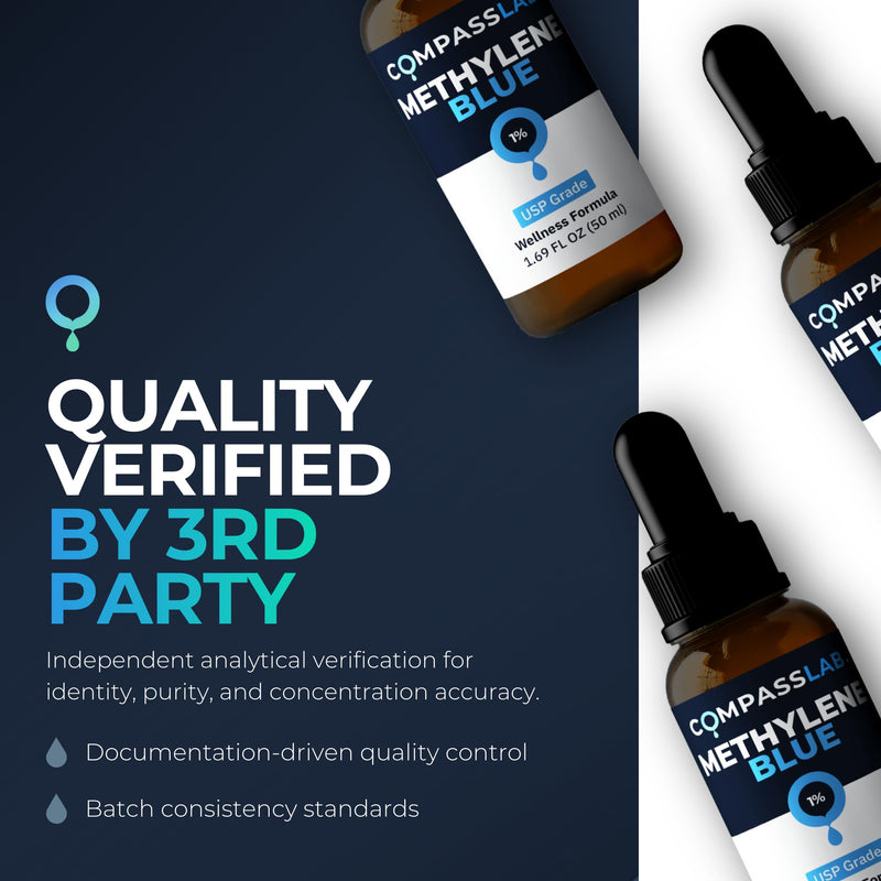 Compass Laboratory Methylene Blue 1% Solution | USP-Grade Research Formula | Premium Purity, Practitioner-Directed Use | 50 mL Amber Glass Dropper Bottle | Made in USA