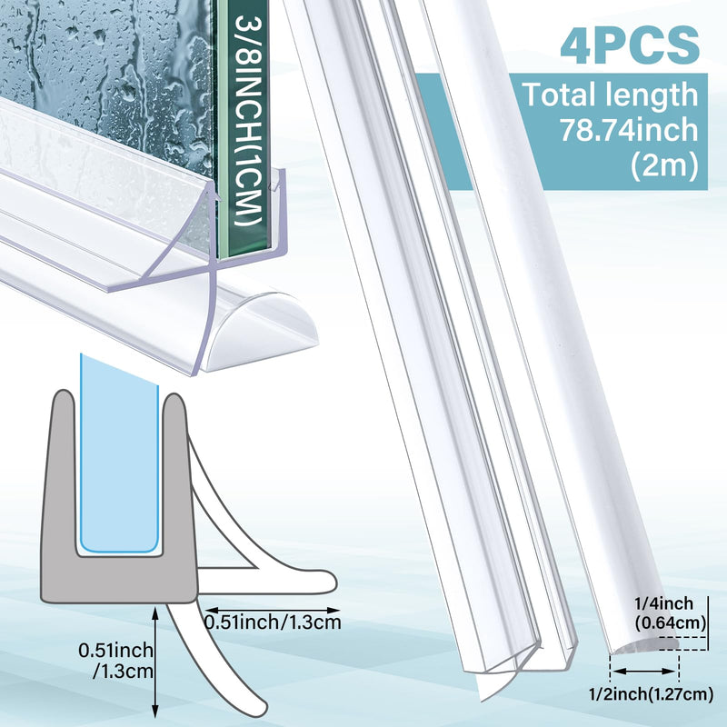 Pushglossy Shower Door Bottom Seal 2 Sets 3/8" x 39.37" Frameless Glass Shower Door Sweep Seal Strip with Drip Rail, Stop Water Leaks Classic Style