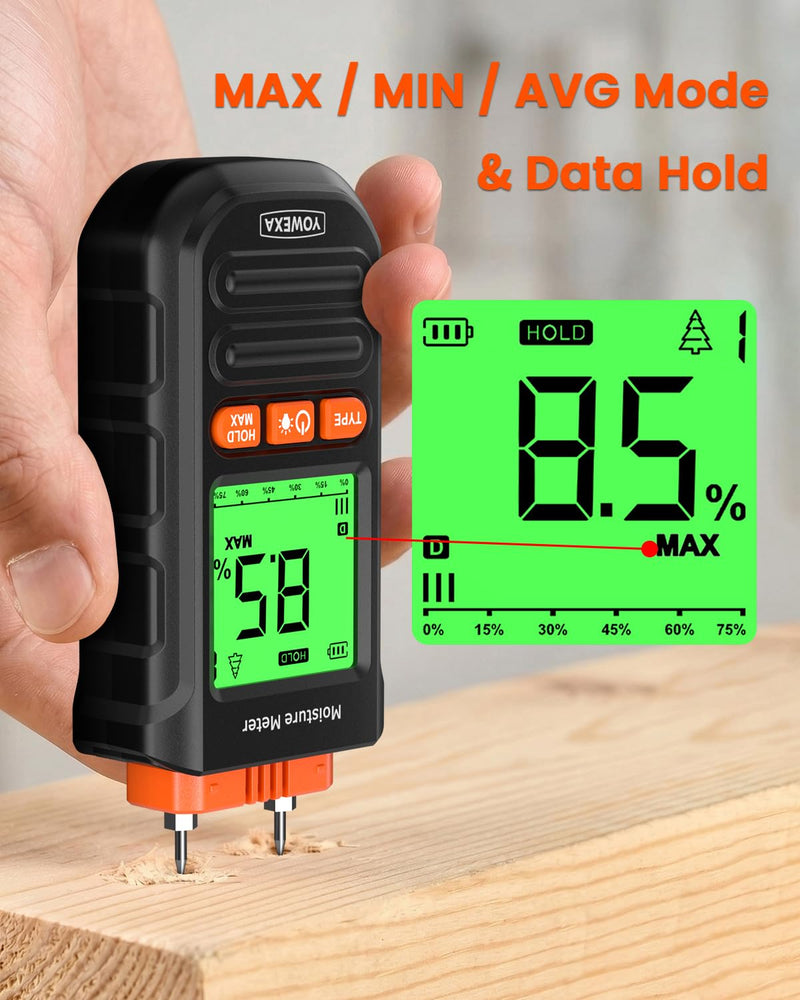 Pin-Type Wood Moisture Meter for Hardwood & Softwood | 7 Material Modes, Backlit LCD, Max/Min/Avg & Data Hold for Firewood, Lumber, Drywall & Selected Wall Materials