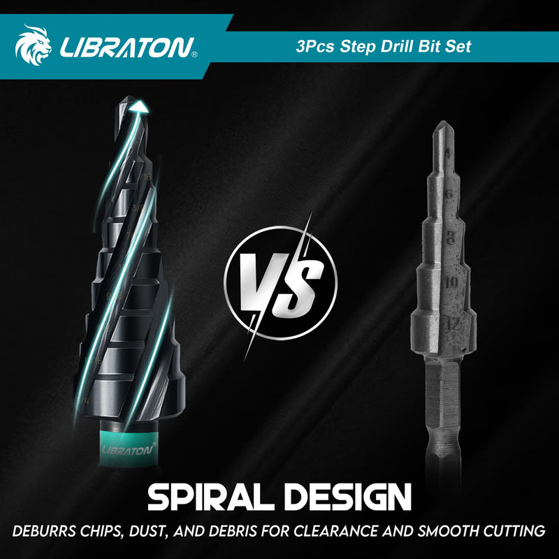 LIBRATON Four Spiral Flute Step Drill Bit, M35 Cobalt Unibit Step Drill Bit Set 1/8"-7/8", AlTiN Coated Step Bits, Four Spiral Flute, 1/4" Hex Shank for Metal, Stainless Steel, Aluminum, Plastic, 3PCS 1/8" - 7/8" (3pcs Set)