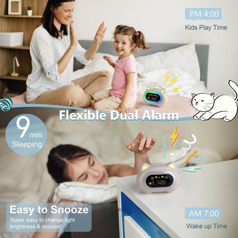 Alarm Clock for Kids, Ok to Wake Clock for Kids with Eye Protection Sleep Training Auto Off Feature 10 Night Light Dual Alarm, Kids Alarm Clock Cute Cat Gifts for Girls Creamy White New