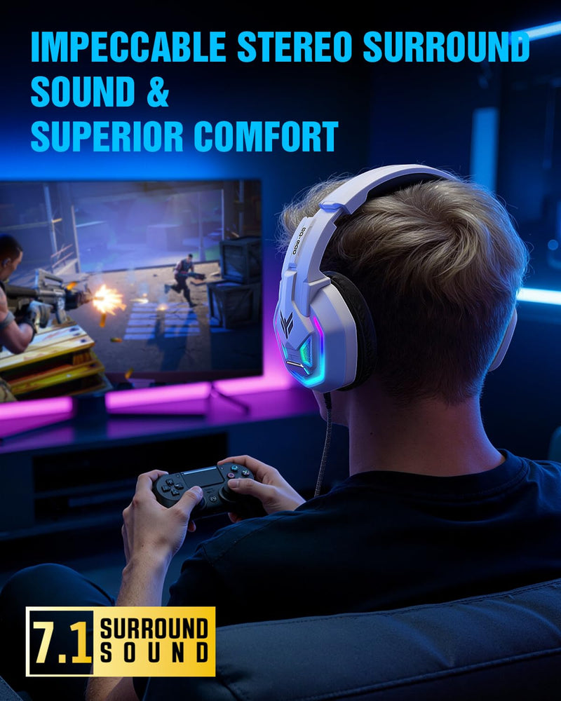 Gaming Headset for Xbox Series X|S Xbox One PS5 PS4 PC Switch Mac, Wired | 7.1 Surround Sound Over Ear Headphones, RGB Lighting, Flip Noise Canceling Mic, 50mm Drivers, Memory Foam Earcups White