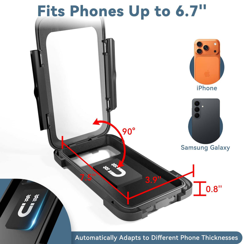 Shower Phone Holder Waterproof, Fits Phone with Case up to 6.7" | 360° Rotation & Multi-Angle Adjustable Arm Twist-Lock Suction Phone Holder Shower,Anti-Fog & Sensitive Touch Screen Case Black