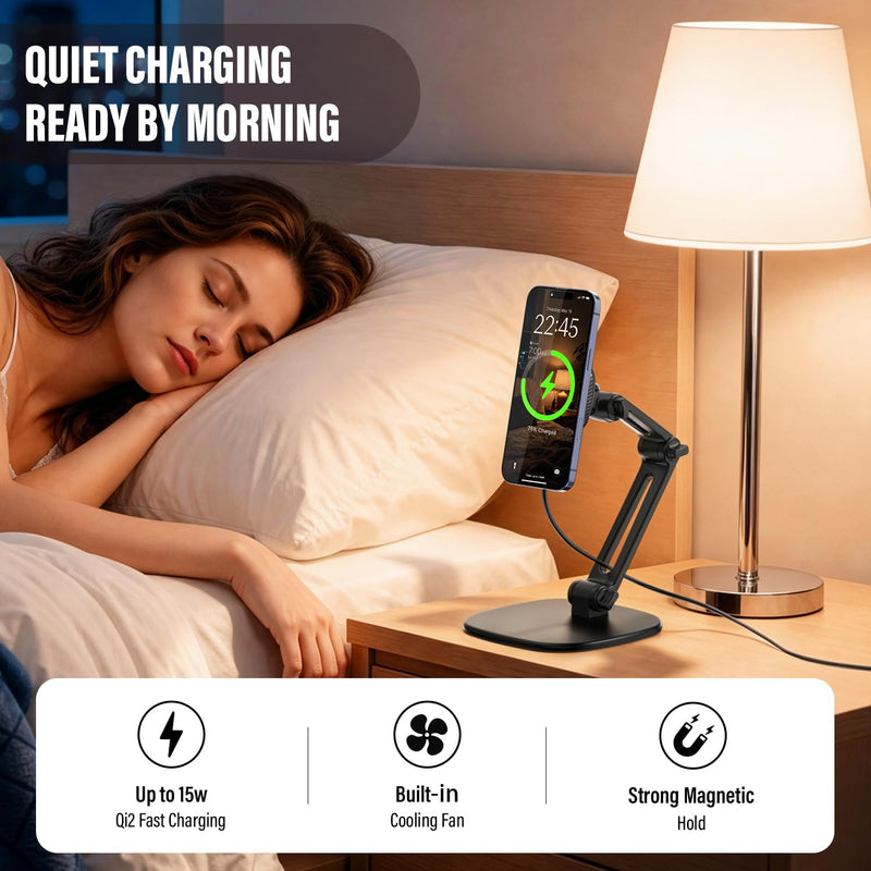 APPS2Car Qi2 15W Wireless Charger Stand Adjustable Phone Holder for Desk | 17 N52 Magnets, Built-In Cooling Fan, Height-Adjustable Foldable Arm, 360° Rotation, Weighted Anti-Slip Metal Base Black - Wireless Charging Stand