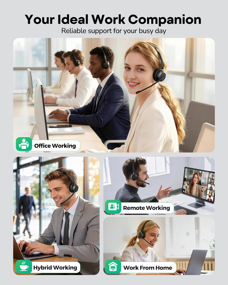 Wireless Headset with Mic for Work,Bluetooth Headset for Calls & Meetings | Bluetooth 5.3 & USB Dongle for Laptop, PC, iPhone & Android, Office & Call Center Headset for Remote Hybrid Worker Black