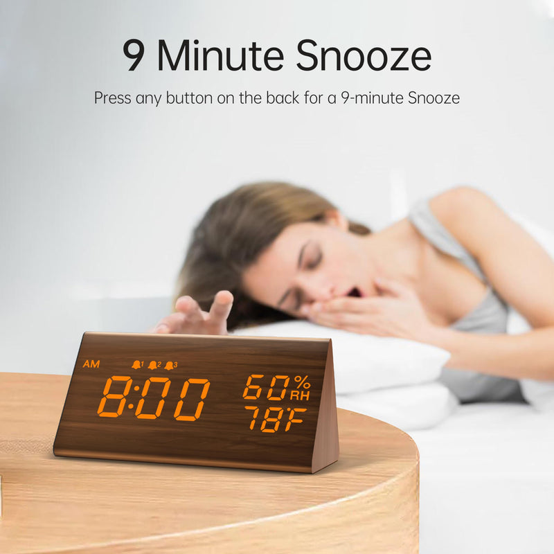 JALL Digital Alarm Clock, with Wooden Electronic LED Time Display, 3 Alarm Settings, Humidity & Temperature Detect, Wood Made Electric Clocks for Bedroom, Bedside (Brown) Brown