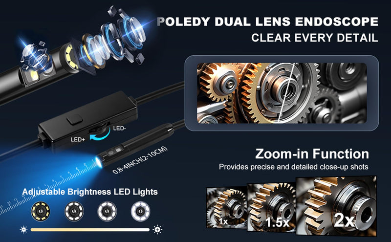 Dual-Lens Endoscope Camera with Light, POLEDY 1920P HD Borescope, 8 Adjustable LED Light, IP67 Waterproof, 16.4ft Snake Camera, Semi-Rigid Cable Inspection for Android, iOS Dual Lens
