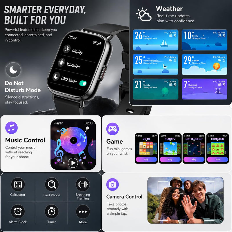 Smart Watch, 2.01" HD Touchscreen Fitness Tracker with Bluetooth Calling, 120+ Sports Modes, 24/7 Heart Rate Sleep Monitor, IP67 Waterproof Smartwatch Compatible with iOS Android (Black)