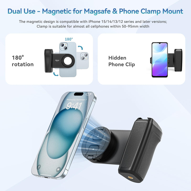 ULANZI Selfie Phone Tripod Mount MA35, 2-in-1 Magnetic & Phone Clip Camera Grip Handle Holder with Detachable Remote Shutter with Cold Shoe Adapter for iPhone 14 15 Samsung Smartphone Video Shooting