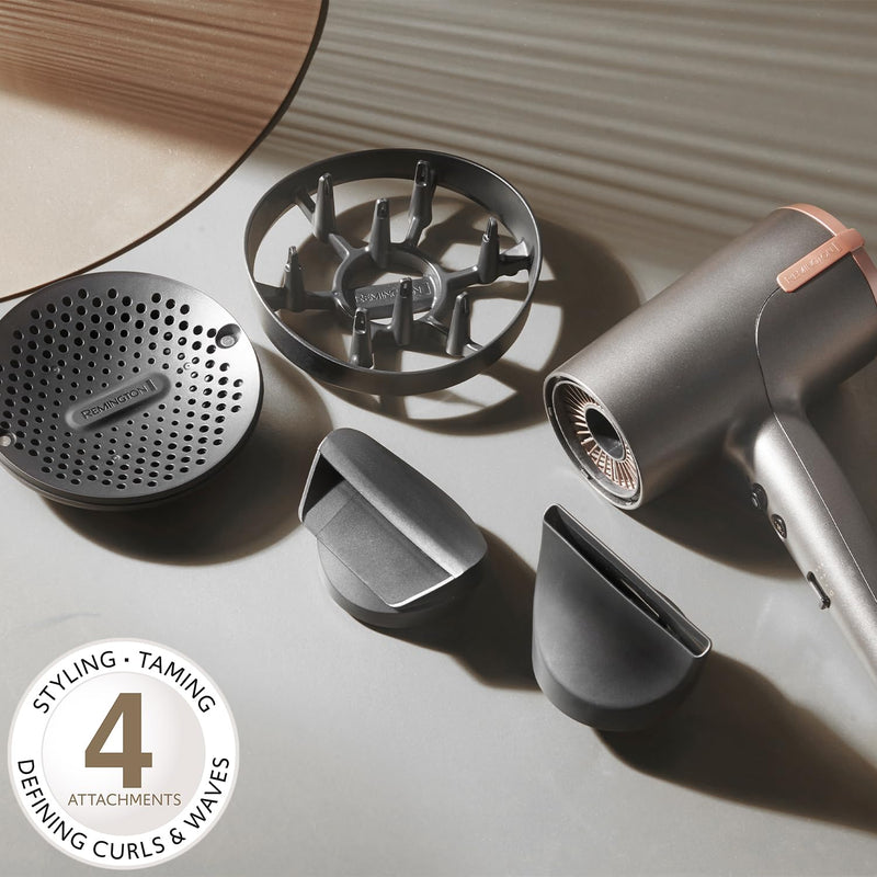 Remington ONE Dry and Style Hair Dryer, 2000W, 4 Attachments | Salon Performance for Faster Drying, Compact Design, Dual Ionic System, 8 Heat Settings, styling attachments included
