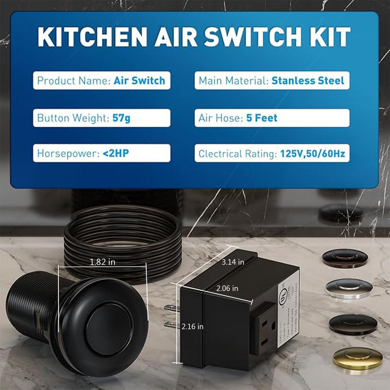 Garbage Disposal Air Switch Kit, UL Listed Sink Top Button Waterproof | Professiona Wireless Air Switch Set - Black Button Compatible with Moen, Kohler, and Delta Faucets Matte Black LONG/3.6"