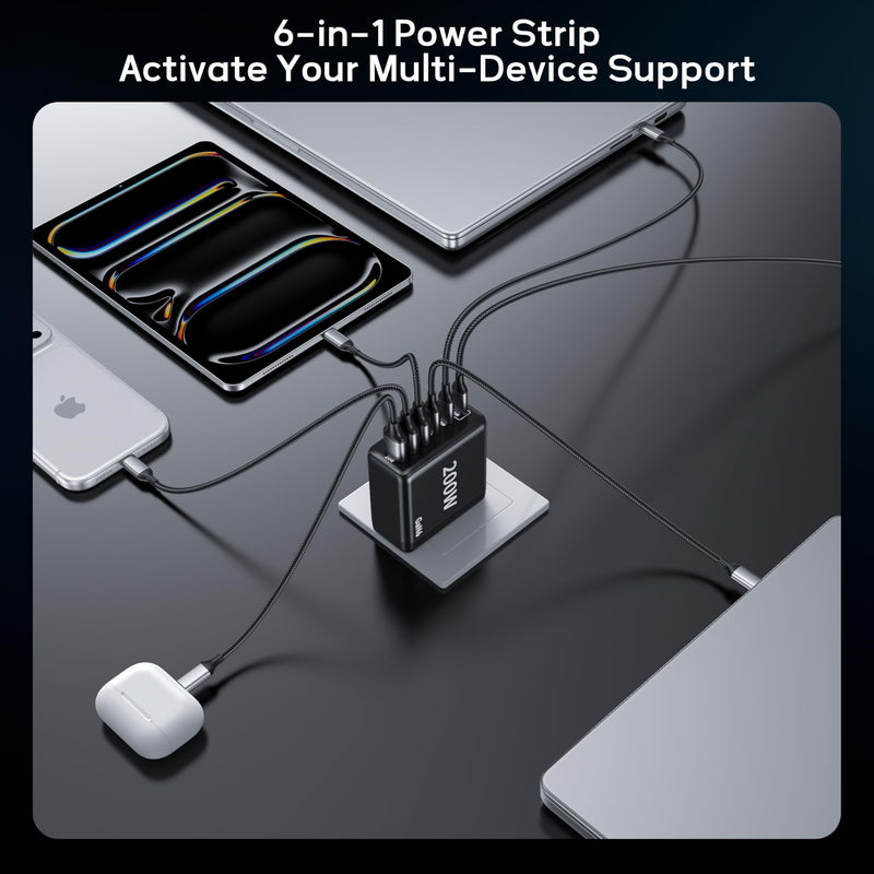 2 Pack USB C Charger Block, 200W GaN Super Fast Charger Type C Fast Charging 6 Port Foldable PD Charging Station for All Phone/Android Samsung Galaxy S25/S24/MacBook iPad Black