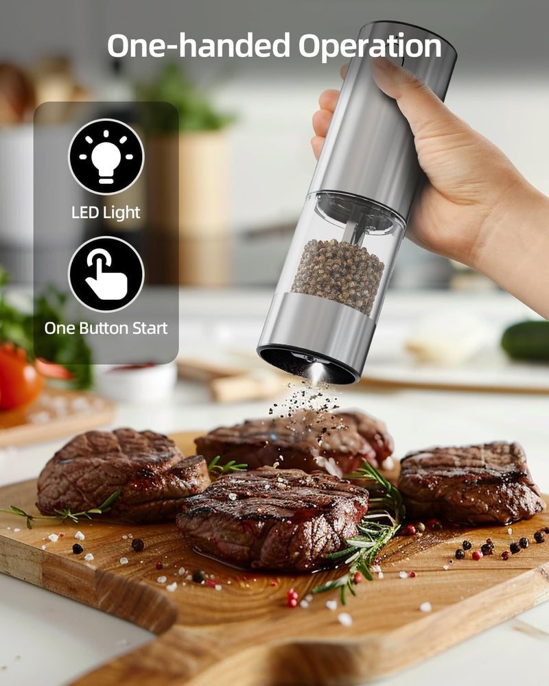 Electric Salt and Pepper Grinder Set, Pepper Mill With Adjustable Coarseness, 95ml Large Silo,Rechargeable Salt Pepper Shakers Steel Body with Ceramic Grinding Head, Brush, Visuable Window Led Light 2