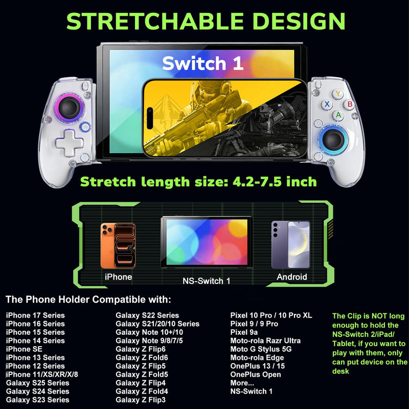 Transparent Phone Controller for iPhone, Android Mobile Controller Wireless Gaming Gamepad Joystick with RGB Lighting/Turbo/6-Axis/Dual Vibration, Xbox/PS5/PS4/PC Streaming, Cloud Gaming, Direct Play