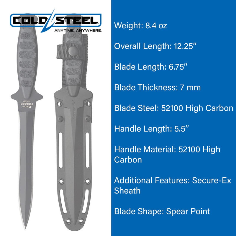 COLD STEEL Drop Forged Wasp Dagger 52100 Steel Single-Piece 6.75" Spear Point Blade 5.5" Handle Fixed Blade Knife w/Secure-Ex Sheath