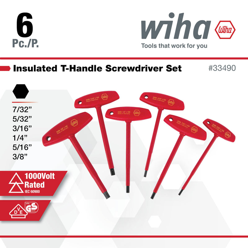 Wiha 33490 T-Handle Hex Driver Set, Inch, 1000 Volt, 6 Piece Wrench