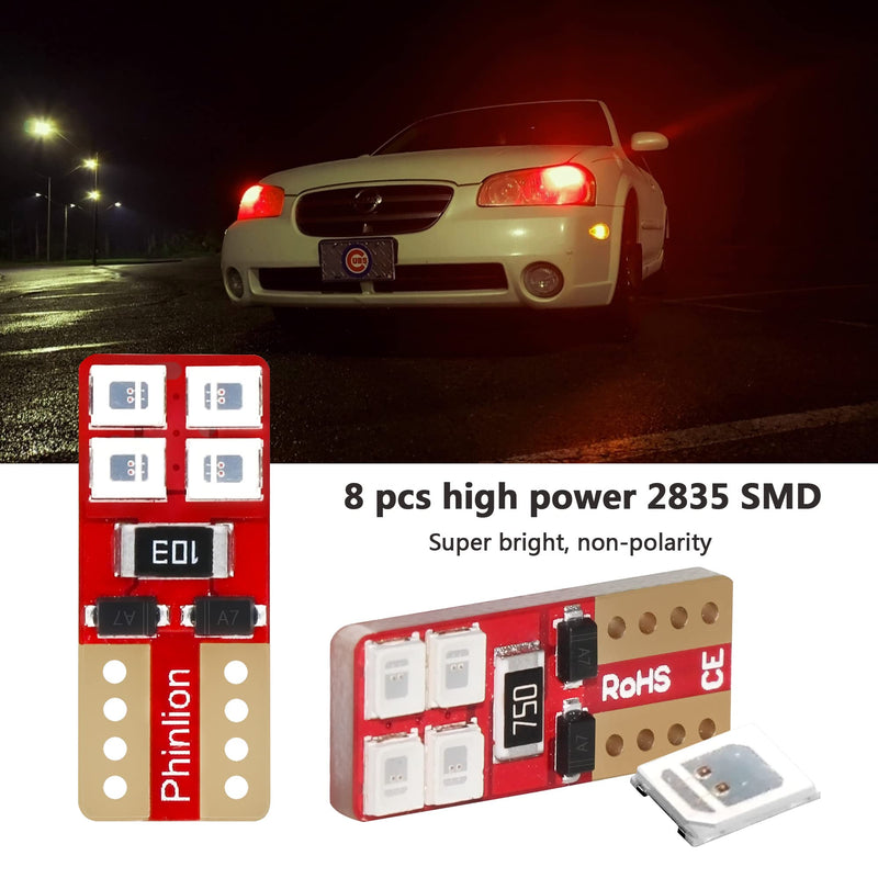 PHINLION Miniature T10 168 194 Red LED Bulbs, Super Bright 8-SMD Wedge 12961 2825 Automobile Lights for Car Interior Dome Map Door Courtesy License Plate Tail Lights, Pack of 4