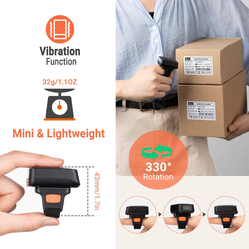 Tera Pro Extreme Performance 1D 2D QR Wireless Ring Barcode Scanner with Bluetooth, Extra Fast Scanning Speed Ultra High Resolution Mini Wearable Finger Bar Code Reader Model HW0010 2D Ring